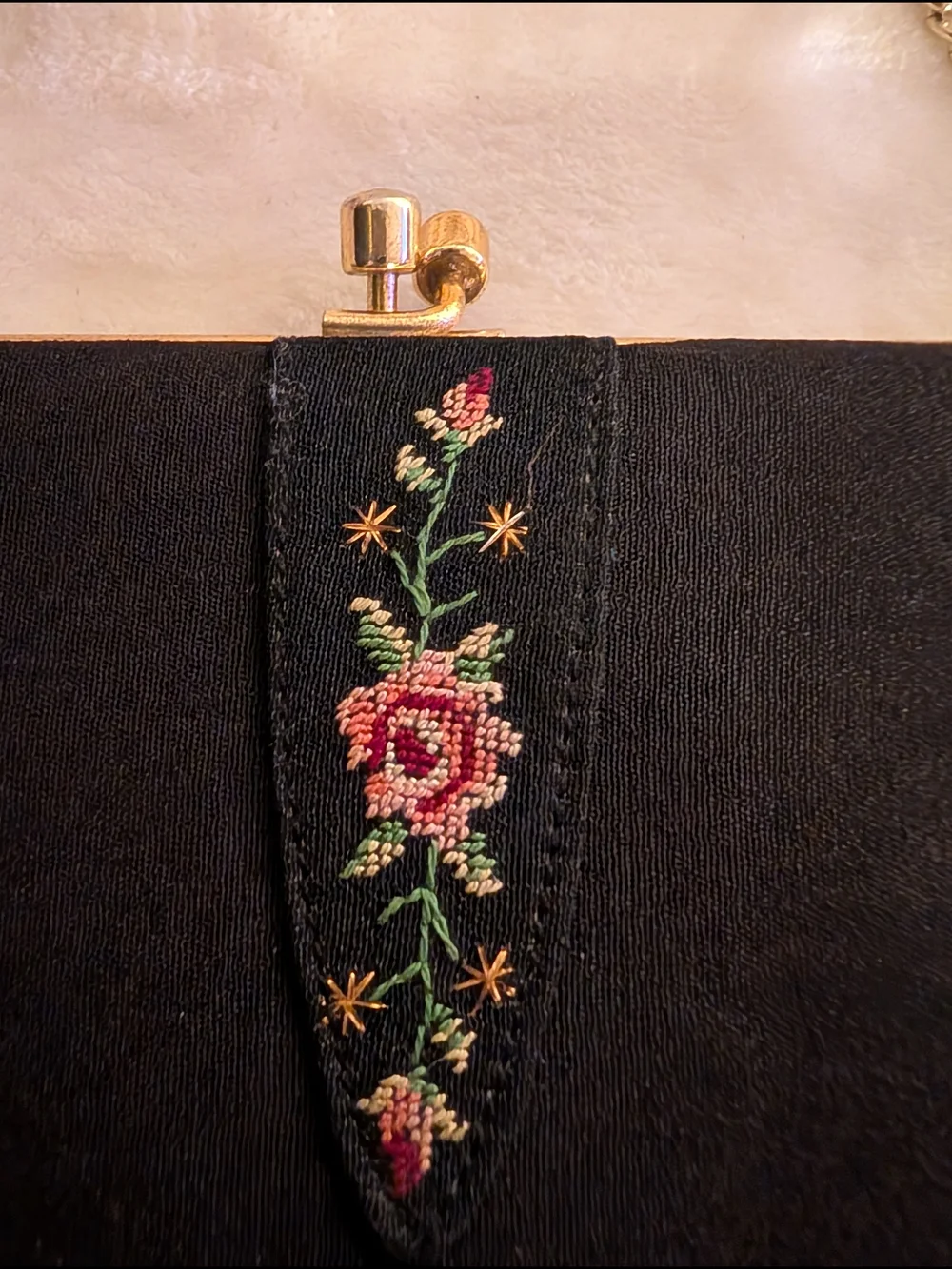 Vintage Black Floral-Accent Evening Clutch with Gold Chain 1950s